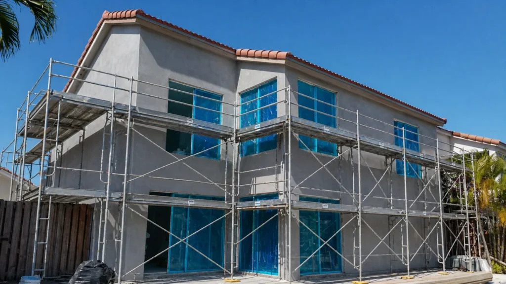 Two-story home under construction with blue protective glass, Miami, FL